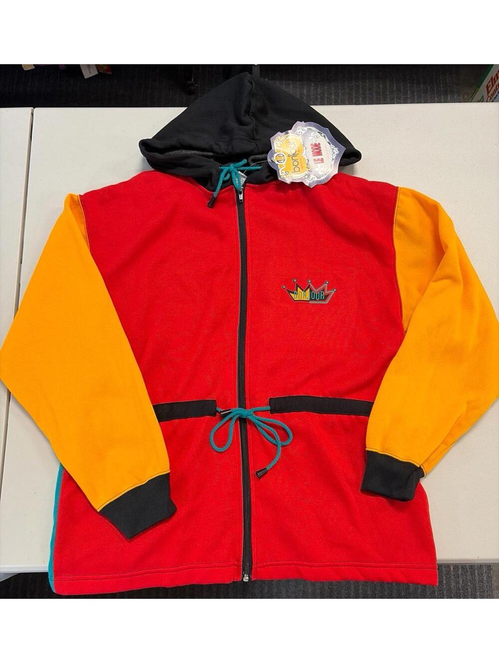 NWT Vintage 90s Paris Bonjour Zip Up Hoodie Sweatshirt Color Block Medium